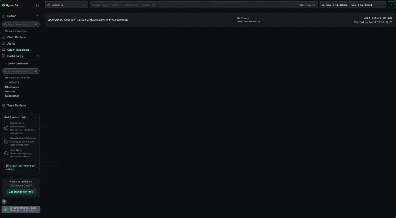 Drilling from a session replay into backend traces in ClickStack